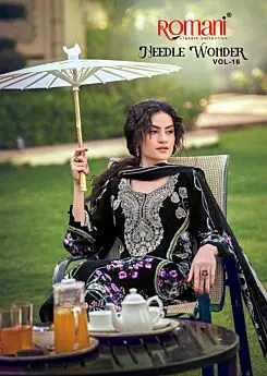 Romani Needle Wonder Vol 16 catalogue cover showing a black floral suit with ornate light embroidery at the neckline