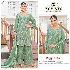 Zorista 11048 sage green embroidered silk readymade suit with palazzo and dupatta, full-length and close-up views