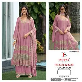 Deepsy Suits D-3556 pink Anarkali with decorated neckline and hem, matching palazzo and dupatta, shown full length and in detail
