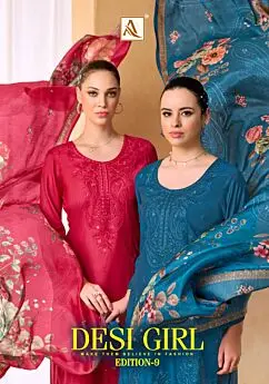 Alok Suit Desi Girl-9 catalogue cover showing pink and teal embroidered suits with floral dupattas