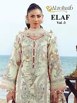 Al Zohaib Elaf Vol 3 sage green embroidered cotton suit catalogue cover