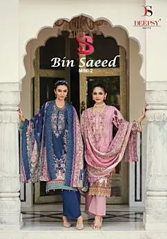 Deepsy Suits Bin Saeed Mini 2 catalogue cover with navy and pink embroidered cotton suit designs