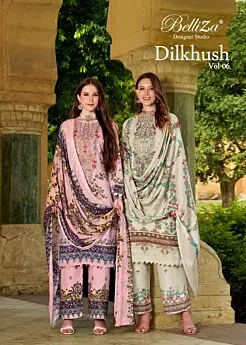 Belliza Designer Studio Dilkhush Vol 6 cover showing two models in printed viscose rayon suit designs