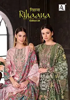 Alok Suit Rihaana 24 cover with pink and olive embroidered Pakistani cotton suit designs
