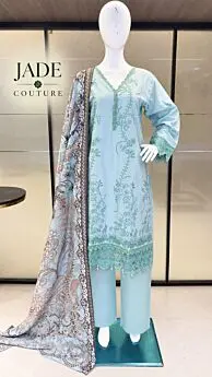 Deepsy Jade Couture aqua embroidered cotton kurta with matching palazzo and printed dupatta