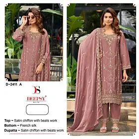 Deepsy Suits D 2411 A dusty pink satin chiffon semi stitched suit with embroidery and bead work