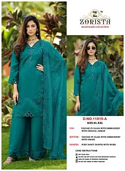 Zorista 11019-A teal embroidered PV glass silk readymade palazzo suit with Nancy silk dupatta