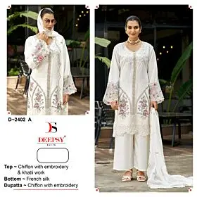 Deepsy Suits D 2402-A white chiffon semi stitched suit with embroidery and khatli work