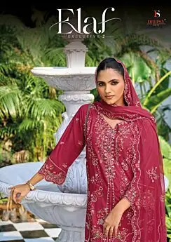 Elaf Exclusive 2 burgundy embroidered suit on model, catalogue cover