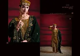 Sanwariya design 1001 mustard crush velvet suit with dark green embroidered velvet dupatta