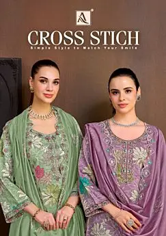 Alok Suit Cross Stitch cover with sage green and lavender floral suit designs