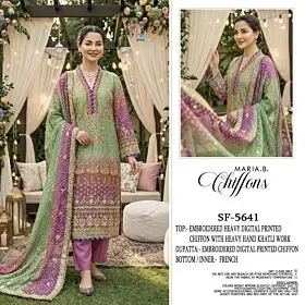 Shree Fabs SF 5641 green and purple embroidered chiffon suit with coordinating dupatta, two model views