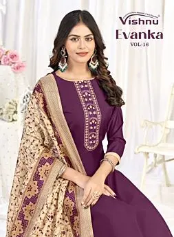 Vishnu Evanka Vol 16 cover featuring plum design 4012 with a printed dupatta