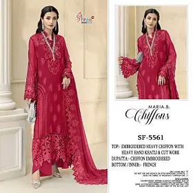 Shree Fabs SF 5561 berry chiffon suit with embroidered neckline and cutwork hem, model views