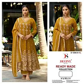 Deepsy D-3550 A mustard Anarkali readymade suit with embroidered dupatta, full and close views