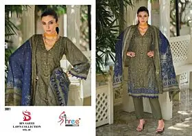 Bin Saeed Vol 30 olive design 3001, embroidered top and navy dupatta
