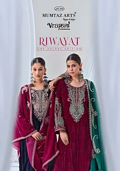 Mumtaz Arts Riwayat Velvet Edition branded cover with two embroidered suits
