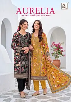 Alok Suits Aurelia branded cover showing black and mustard floral suits with coordinated dupattas