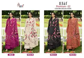 Shree Fabs Elaf Premium Vol 2 collage of designs 4613, 4613-B, 4613-C and 4613-D in magenta, ivory, black and rust