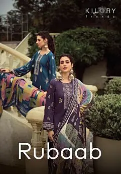 Kilory Trends Rubaab branded cover with blue and plum suits