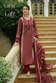 Kaavish Lafz design 2863 maroon pashmina suit with embroidered neckline