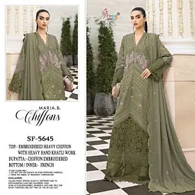 Shree Fabs SF-5645 olive embroidered chiffon suit, full and close model views