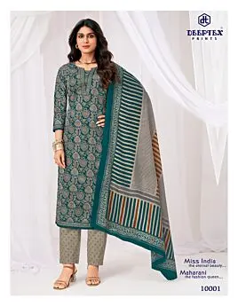 Deeptex Prints Vol 100 design 10001, teal printed suit and striped dupatta on model