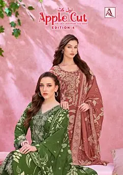 Alok Suit Apple Cut Edition-4 branded cover with green and rose printed suit designs