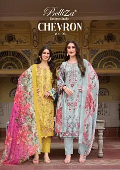 Belliza Chevron Vol 6 branded cotton suit catalogue cover with yellow and blue looks