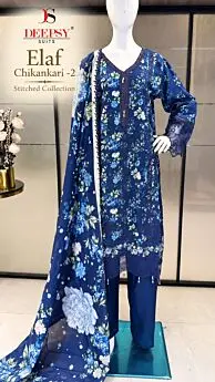 Deepsy Suits Elaf Chikankari 2 blue floral stitched cotton suit with printed dupatta
