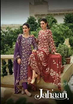 Kaavish Jahaan cover with purple and rust pashmina suit looks