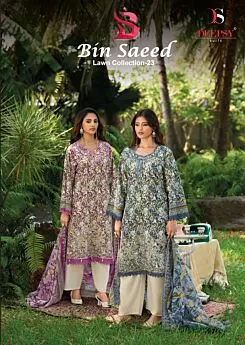 Deepsy Suits Bin Saeed Lawn Collection 23 branded cover with purple and blue looks