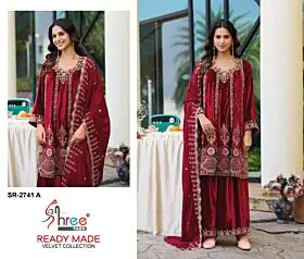 Shree Fabs SR-2741 A maroon ready-made velvet suit with dupatta, two views