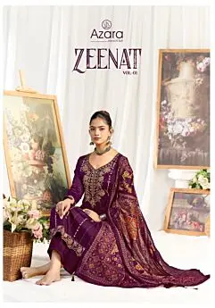 Azara Zeenat Vol 1 branded cover showing plum embroidered suit and patterned dupatta