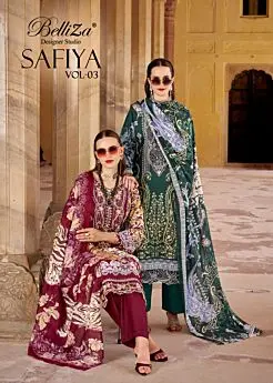 Belliza Safiya Vol 3 cover with burgundy and green printed cotton suit looks