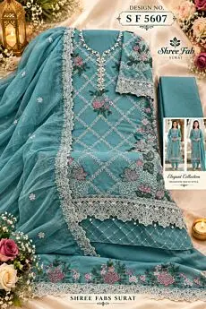 Shree Fabs SF-5607 embroidered chiffon suit fabric and dupatta flat lay
