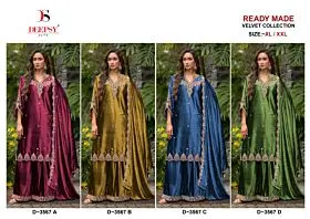 Deepsy Suits D-3567 ready-made ice velvet palazzo suit collage with four looks in burgundy, gold, blue and green