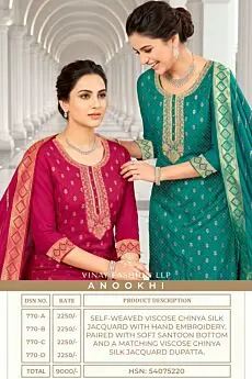 Vinay Fashion LLP Anookhi cover with pink and teal suits and four-design price sheet