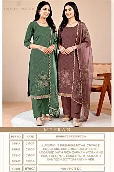 Vinay Fashion LLP Mehran cover showing green and mauve suits with four-design price sheet