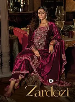 Kilory Trends Zardozi cover showing magenta velvet suit and embroidered dupatta