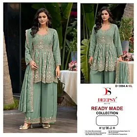 Deepsy D-3594 design A sage green worked top, palazzo and matching dupatta in two views