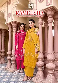 Alok Suit Rameesha branded cover with pink and mustard embroidered suits