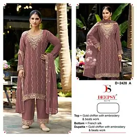 Deepsy D-2420 A mauve gold chiffon semi-stitched suit with bead work