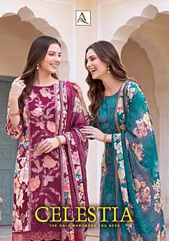Alok Suit Celestia branded cover with maroon and teal floral suits