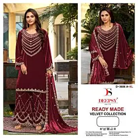 Deepsy Suits D-3606 design A burgundy embroidered ice velvet top, worked palazzo and matching dupatta in two views