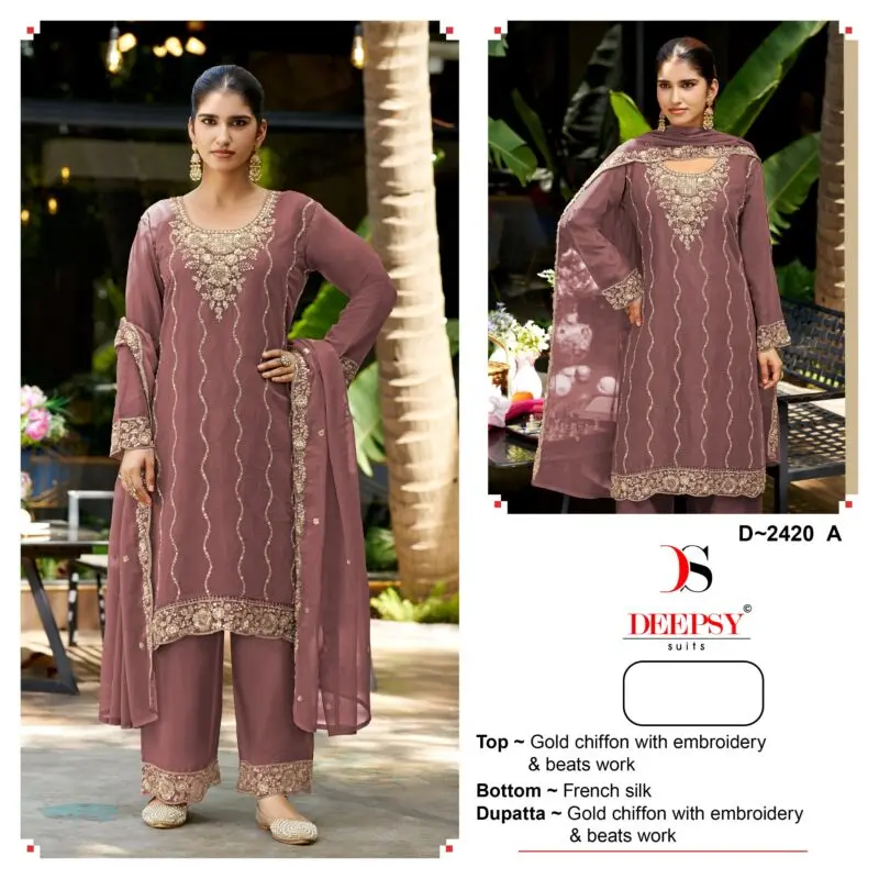 Deepsy Suits D-2420 A-D Semi Stitched Gold Chiffon Suits WITH OPEN IMAGES
