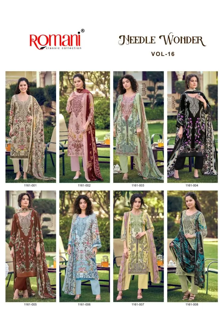 Romani Needle Wonder Vol 16 eight-design catalogue collage showing beige, pink, mint, black, rust, blue, yellow and sage suits