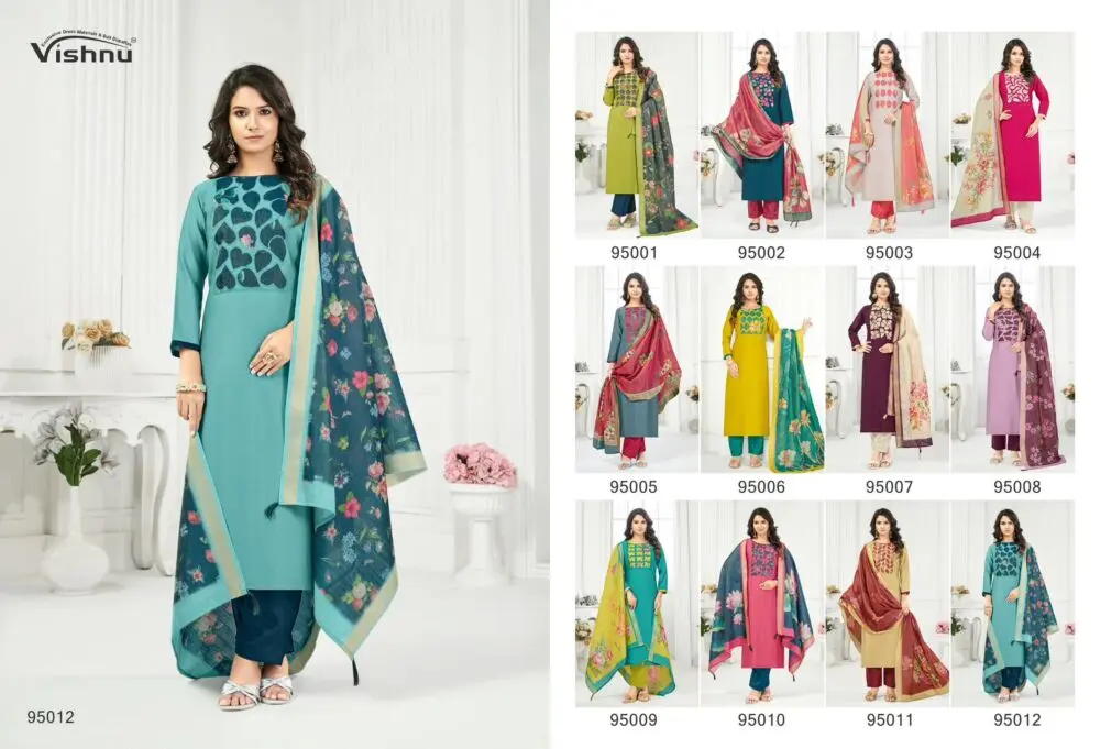 Vishnu Kajal twelve-design catalogue collage with a teal suit and floral dupatta