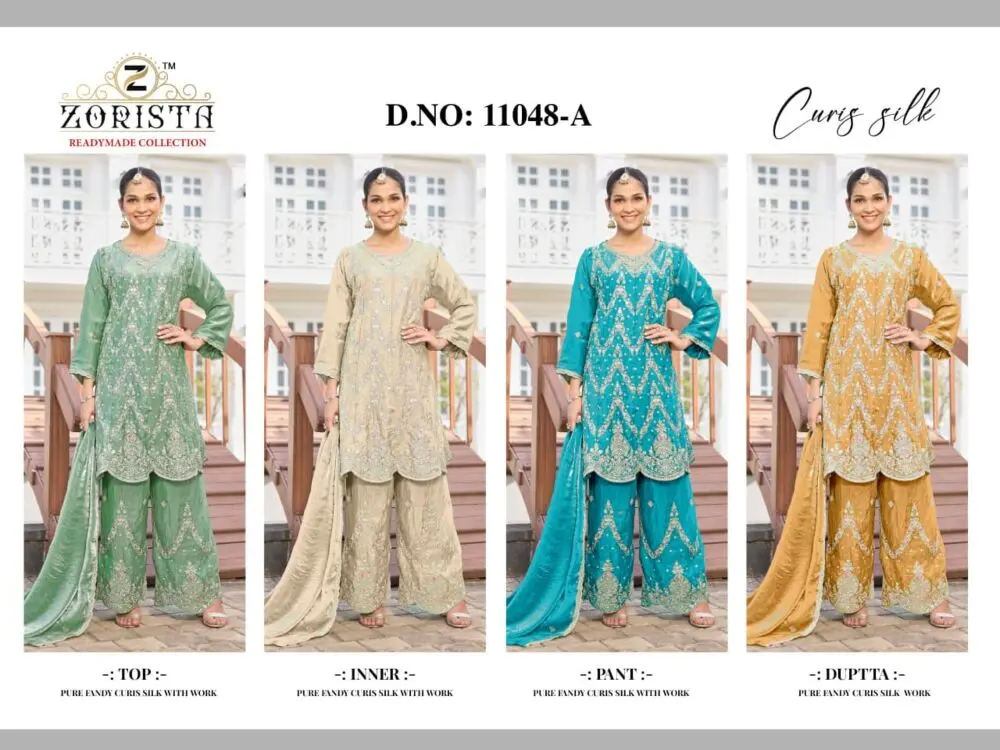 Zorista 11048 catalogue collage showing four readymade silk palazzo suit colours: green, beige, turquoise and mustard