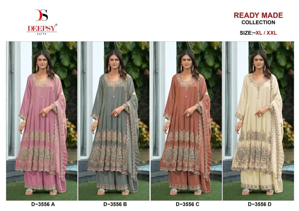 Deepsy Suits D-3556 four-colour readymade Anarkali catalogue collage in pink, sage grey, terracotta and cream